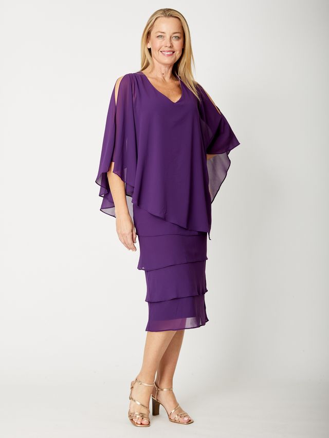 OPM Chiffon Cape Dress (Black and Aubergine)