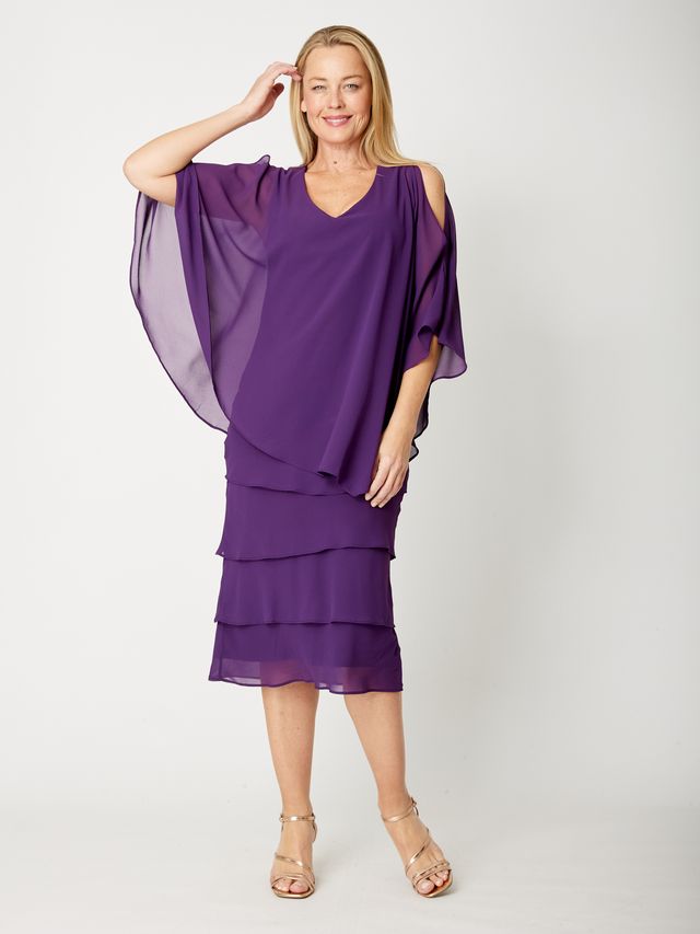 OPM Chiffon Cape Dress (Black and Aubergine)